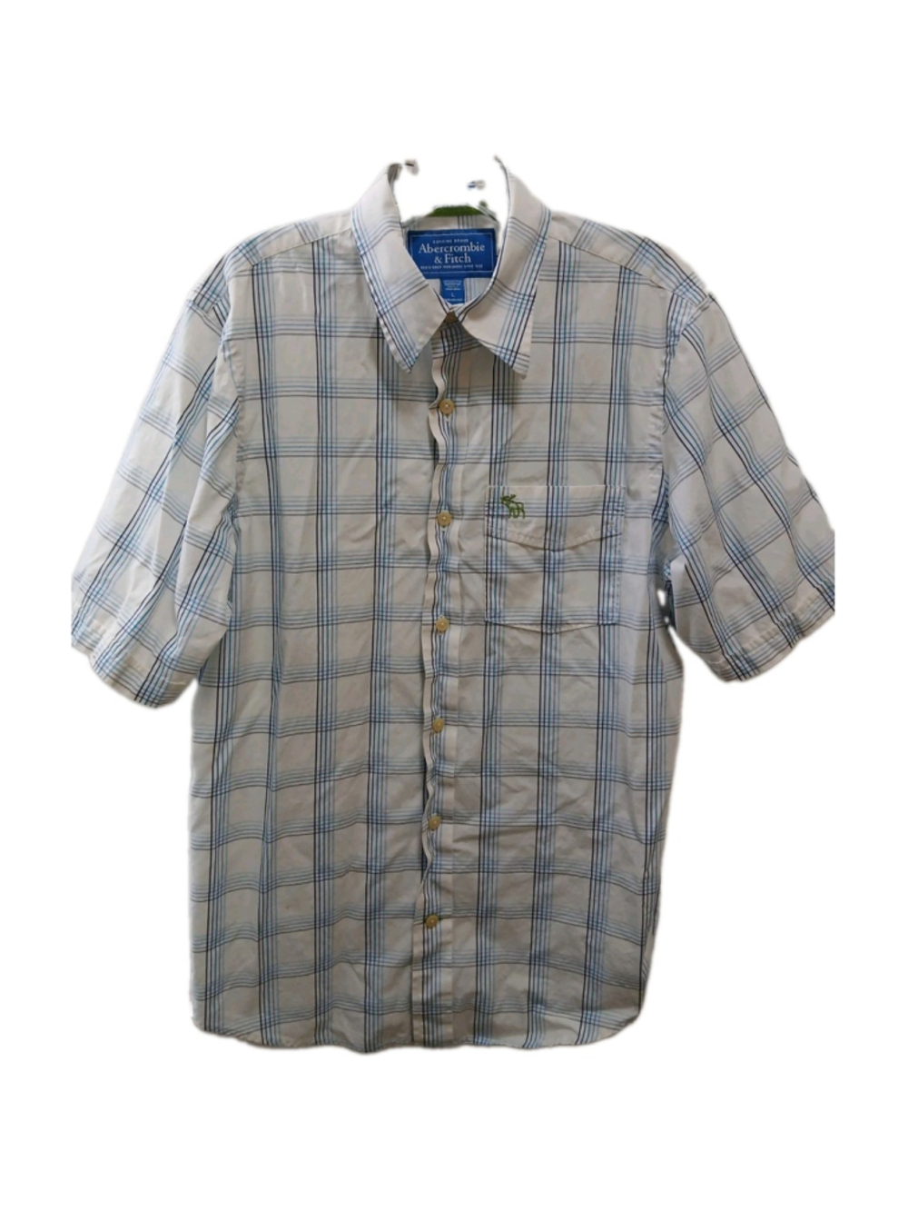 Vtg Abercrombie & Fitch Mens Sz L Muscle Short Sleeve Plaid Shirt Blue White Y2K